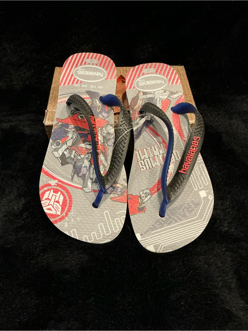 Havaianas Kids Gray & Black Flip Flops with Blue Straps and Red Logo Size 1-2